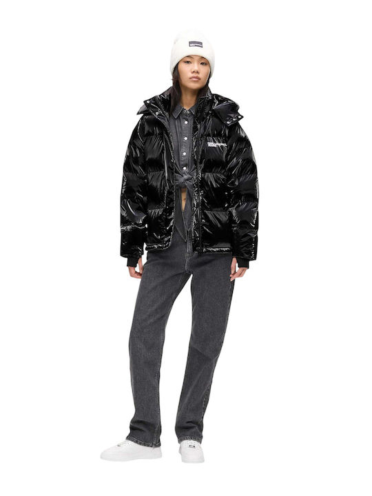 Kurz Damen Puffer Jacke für Winter Black