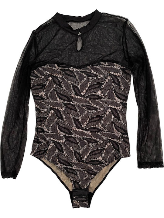 Leilieve Black Bodysuit Two-Tone Tulle Fabric Magnifique M2806