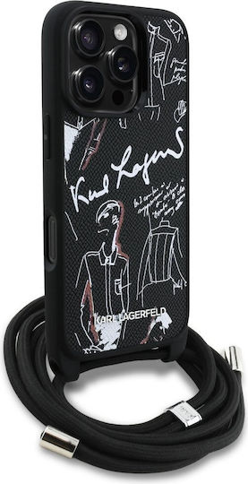 Karl Lagerfeld Grained Pattern Umschlag Rückseite Leder / Kunststoff / Silikon mit Band Schwarz (iPhone 17 Pro / iPhone 16 Pro)