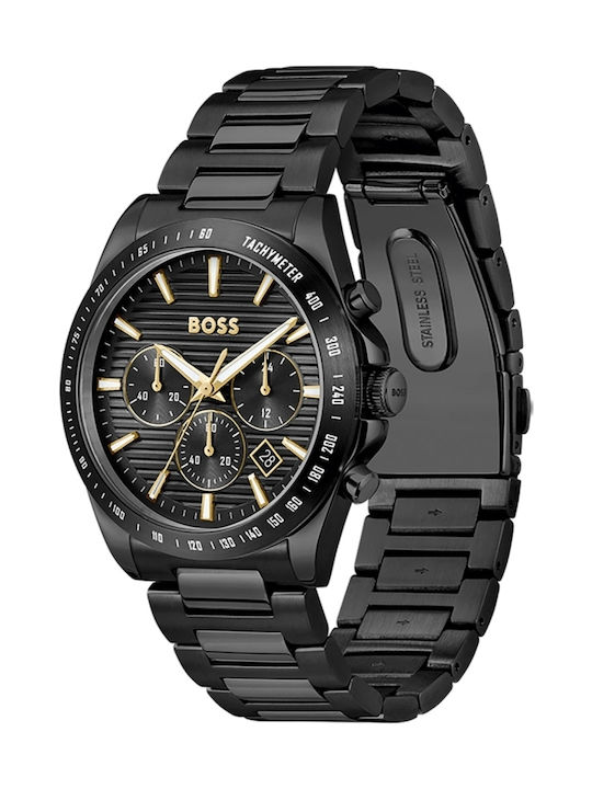 Boss Strike Ανδρικό Ρολόι 41mm Χρονογράφος Μπαταρίας με Μαύρο Μεταλλικό Μπρασελέ