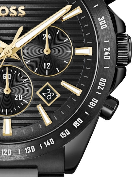 Boss Strike Ανδρικό Ρολόι 41mm Χρονογράφος Μπαταρίας με Μαύρο Μεταλλικό Μπρασελέ