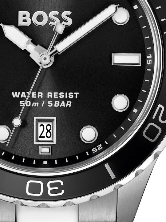 Boss Troper Ανδρικό Ρολόι 42mm Μπαταρίας με Ασημί Μεταλλικό Μπρασελέ