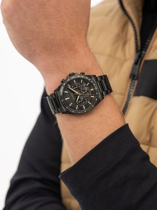 Boss Strike Ανδρικό Ρολόι 41mm Χρονογράφος Μπαταρίας με Μαύρο Μεταλλικό Μπρασελέ