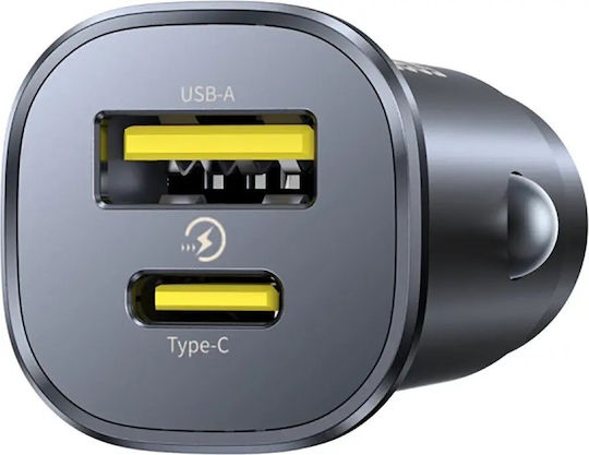 Baseus Φορτιστής Αυτοκινήτου 30W με Θύρες: 1xUSB 1xType-C Μαύρο Χρώμα