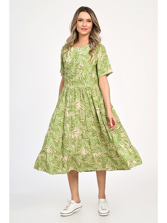 Summer Midi Dress Wrap with Ruffles Leafy Green