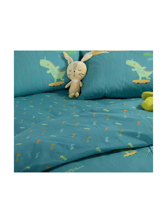 Nef-Nef Homeware Sheet Set Single Cotton Dinos On Wheels Blue 170x260cm 3pcs