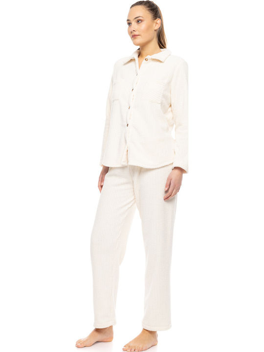 Pink Label Χειμερινό Γυναικείο Σετ Πιτζάμας White Pink Label Χειμερινό Γυναικείο Σετ Πιτζάμας White