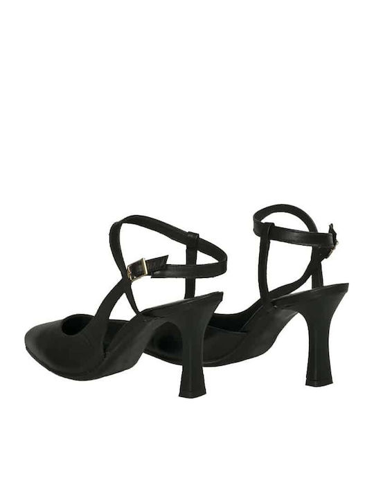 Leather Pointed Toe Black Heels with Strap