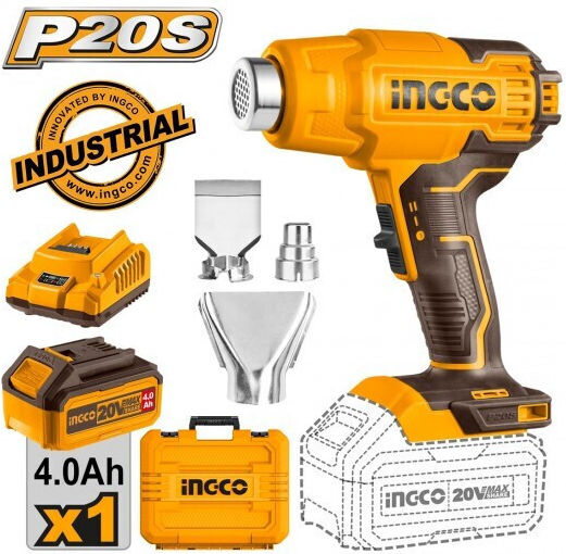 Ingco HGLI20025 Πιστόλι Θερμού Αέρα 20V 1x4Ah με Ρύθμιση Θερμοκρασίας εως και 300°C