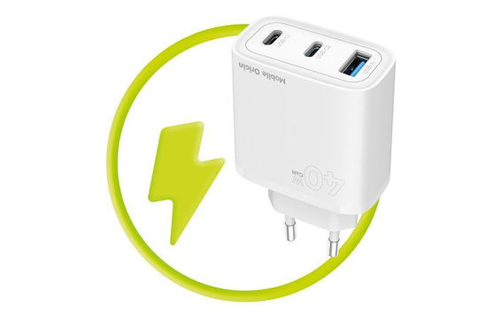 Mobile Origin Charger Without Cable GaN with USB-A Port and 2 USB-C Ports 40W Power Delivery Whites (MO13)