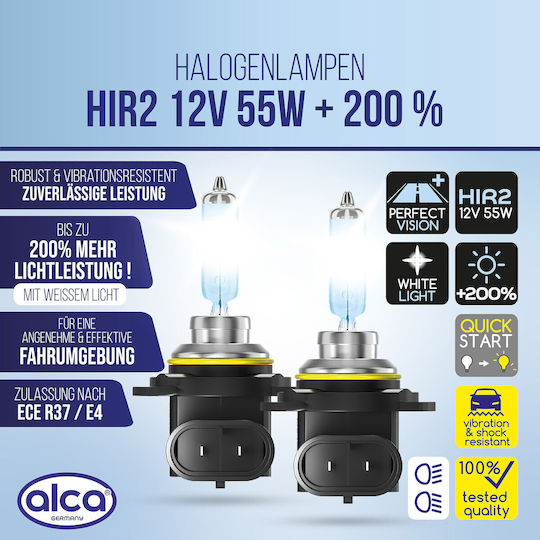 Alca 2 Pieces HIR2 Halogen Car Lamp I PX22d I 12V 55W Halogen Headlight Lamp I +200% More Brightness I Headlight Lamp I E-mark I Vehicle