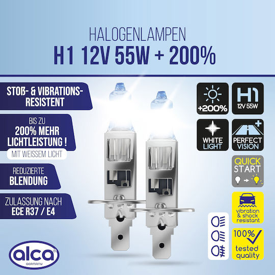 Alca 2 Pieces H1 Halogen Lamp Car I P14.5s I 12v 55w Halogen Headlight Lamp I +200% More Brightness I White Light I E-mark I Vehicle