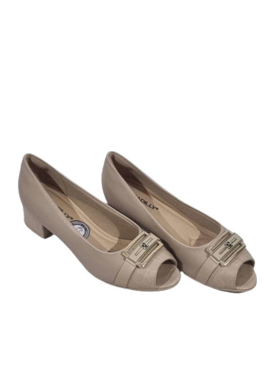 Peep Toe Γόβες με Χαμηλό Τακούνι Μπεζ