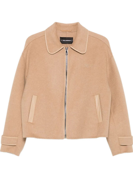 Wolle Damen Beige Mantel mit Reißverschluss A3W150091LG