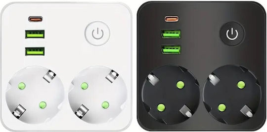Bandă de alimentare Securitate 2 Prize cu 2 USB-A, USB-C și Comutator Fara fir