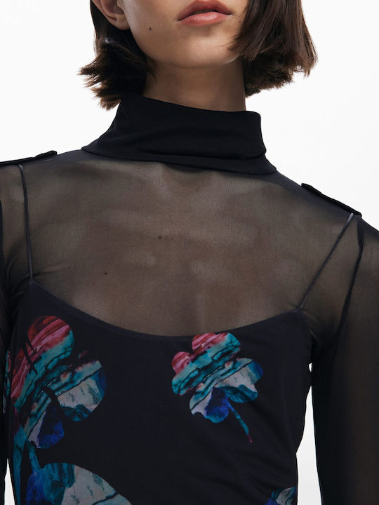 Lacroix Midi Evening Dress with Tulle and Mesh Black