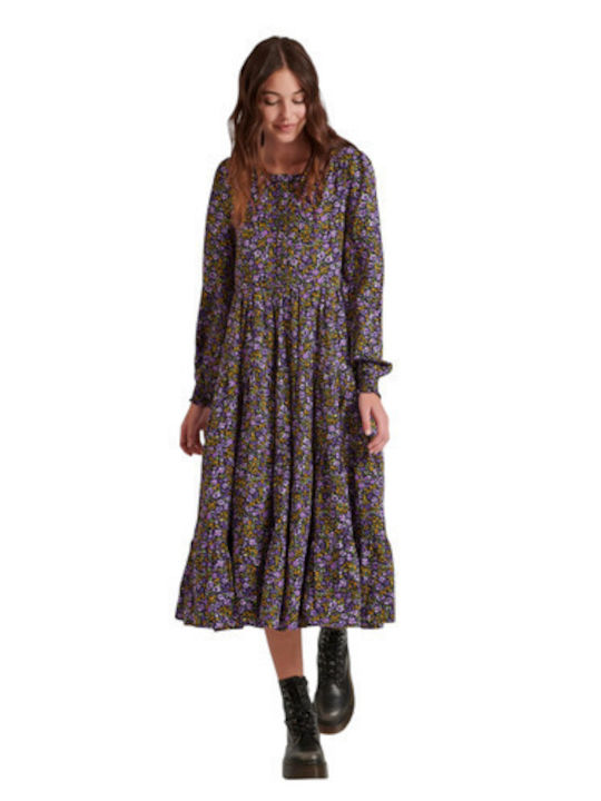 Midi Shirt Dress with Ruffles Royal Lilac Multi