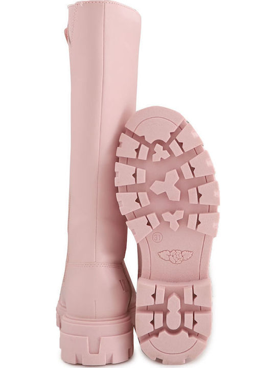 Leather Kids Boots with Zipper Pink