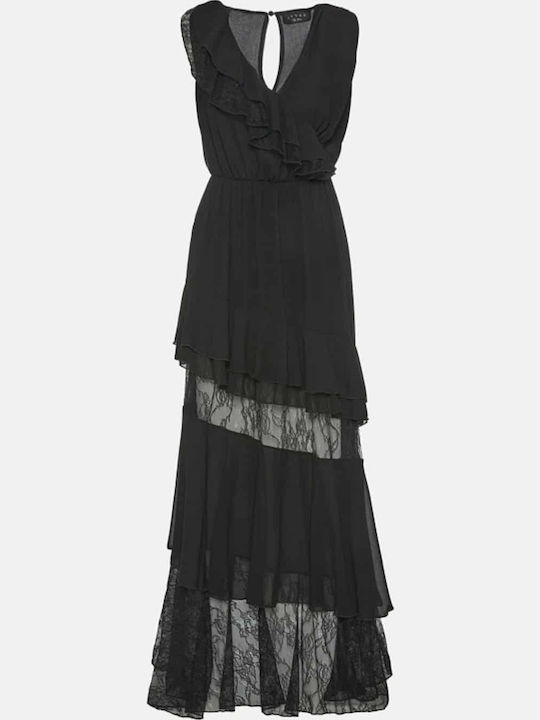 Maxi Evening Dress with Lace and Ruffles Black