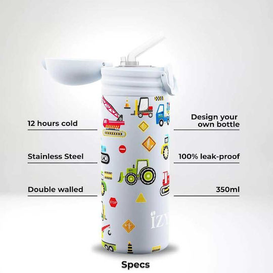 Izy Bottles Детска Бутилка За Вода Термос Неръждаема Стомана с Сламка Non Spill Син 350ml