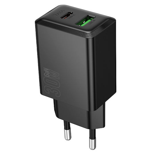 Hoco Charger Without Cable GaN with USB-A Port and USB-C Port 30W Power Delivery Blacks (N71 Nuevo)