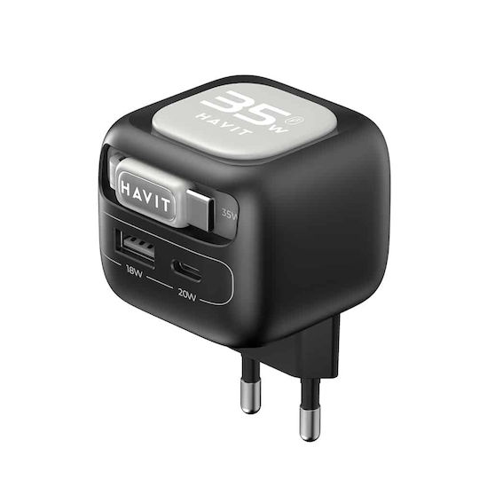 Havit Φορτιστής GaN με Θύρα USB-A και Θύρα USB-C και Καλώδιο USB-C 35W Μαύρος (UC251)