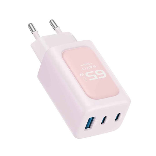 Havit Зарядно без кабел с USB-A порт и 2 USB-C порта 65W Розов (UC260)
