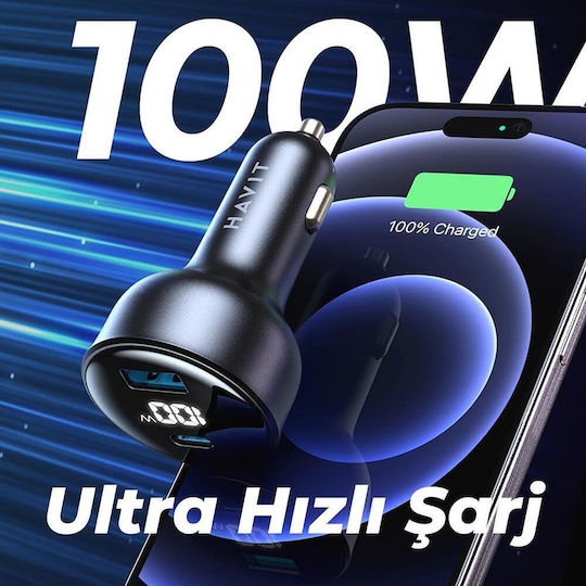 Havit Havit Auto-Ladegerät 100W mit Anschlüssen 1xUSB-A 1xType-C inklusive Kabel Typ-C Schwarz Farbe