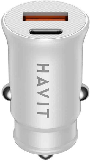 Havit Havit Auto-Ladegerät 20W 3A mit Anschlüssen: 1xUSB-A 1xTyp-C zusammen mit Kabeltyp Typ-C Weiß Farbe