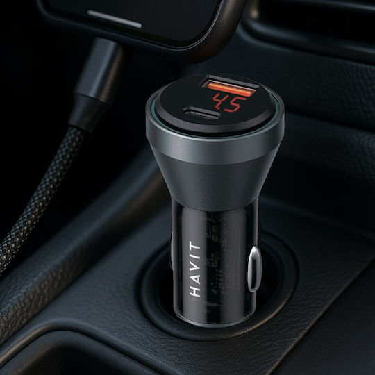 Havit Havit Auto Ladegerät 45W 3A Schnellladen mit Anschlüssen: 1xUSB-A 1xType-C zusammen mit Kabeltyp Type-C Schwarz Farbe