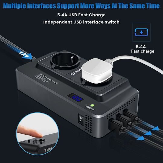 Techsuit Инвертор за кола 200W за преобразуване на 12V DC в 220V AC с 3xUSB