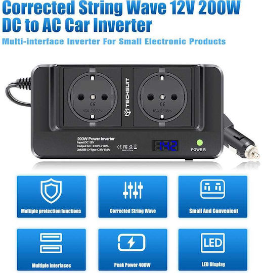 Techsuit Инвертор за кола 200W за преобразуване на 12V DC в 220V AC с 3xUSB
