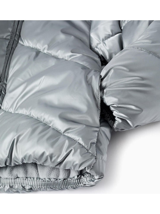Kids Quilted Short Coat with Lining and Hood Silver