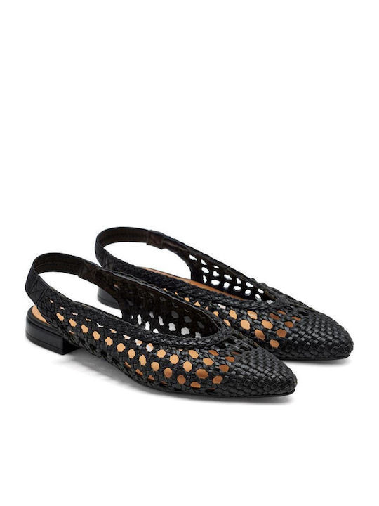 Δερμάτινες Γυναικείες Μπαλαρίνες Slingback με Λουράκι σε Μαύρο Χρώμα