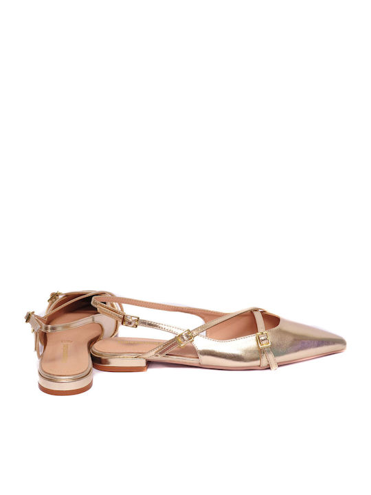Leather Pointy Slingback Ballerinas With strap Gold