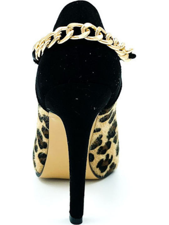 Suede Stiletto Black High Heels Animal Print
