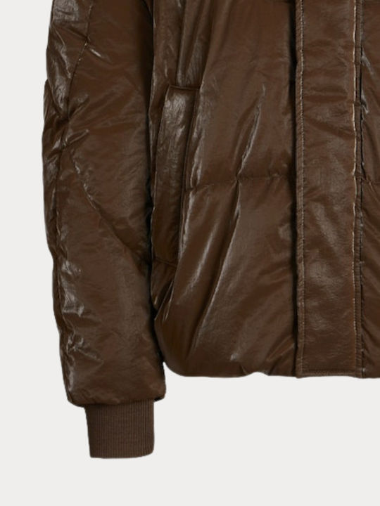 Women's Short Puffer Jacket for Winter Brown