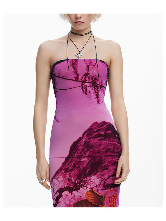 Summer Midi Evening Dress Strapless with Tulle Purple