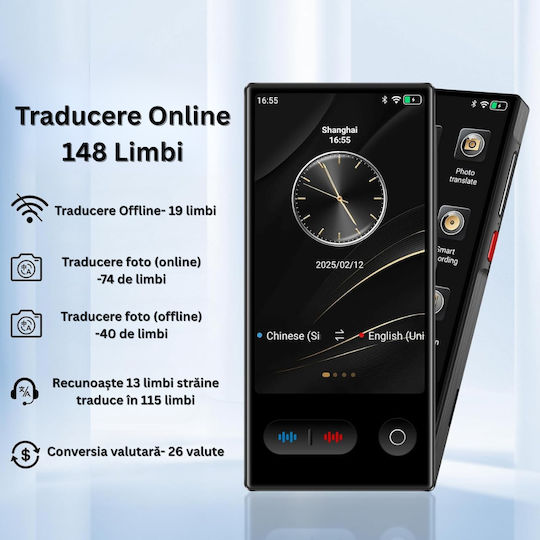 Smart Translator Ecran 4 Inch 5mp Wifi Bluetooth Ai Chatgpt Traducere Vocală În 148 De Limbi Online 19 Offline Traducere Foto Flash Ecran Tactil Carcasă Inclusă Negru