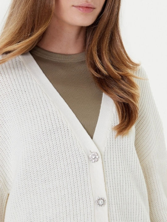 Long Women's Knitted Cardigan with Buttons Ecru