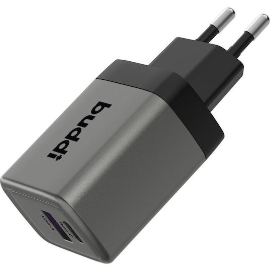 Buddi GaN с USB-A порт и USB-C порт 45W Power Delivery Сив