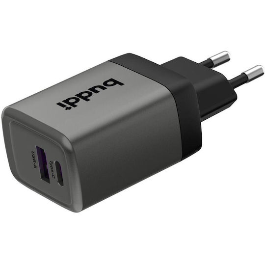 Buddi GaN с USB-A порт и USB-C порт 45W Power Delivery Сив