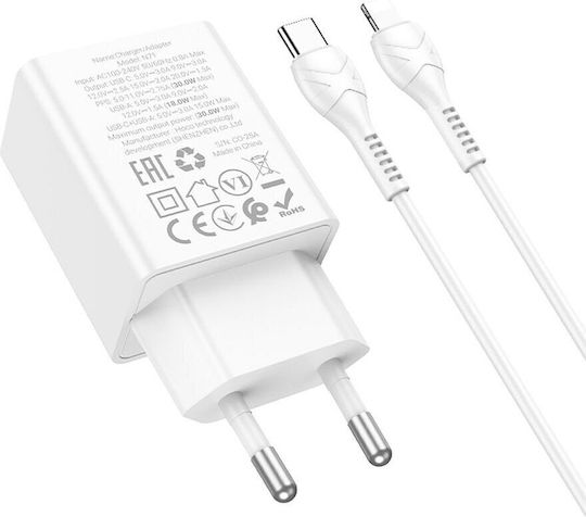 Hoco Φορτιστής GaN με Θύρα USB-A και Θύρα USB-C και Καλώδιο USB-C - USB-C 30W Power Delivery Λευκός (N71 Nuevo)