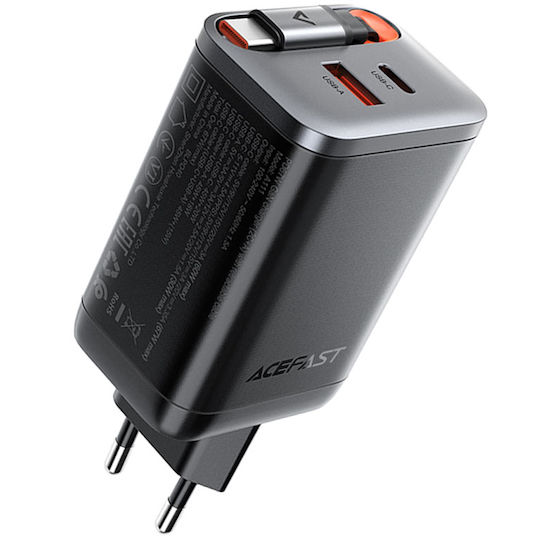 Acefast Φορτιστής GaN με Θύρα USB-A και Θύρα USB-C και Καλώδιο USB-C 67W Power Delivery / Quick Charge 3.0 Μαύρος (A111)