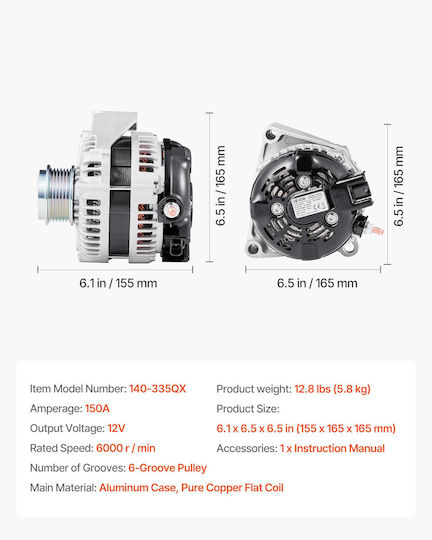 Vevor Alternator Car Alternator Chevy Express 2500 V6 4.3L V8 6.0L 18-19 GMC