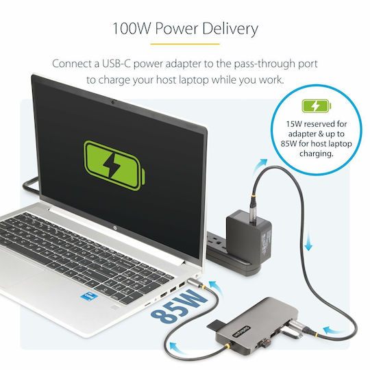 StarTech USB-C Docking Station με HDMI/DisplayPort 4K PD Ethernet και σύνδεση 3 Οθονών Ασημί (154B-USBC-MULTIPORT)