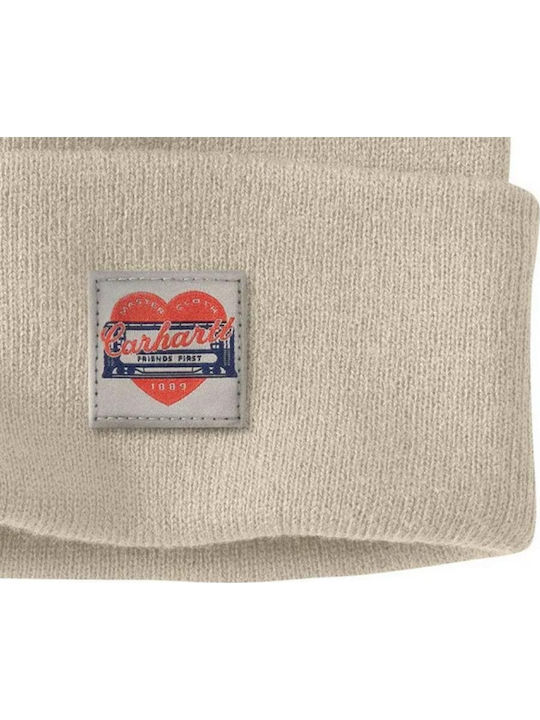 Heart Patch Beanie Unisex Beanie with Rib Knit in Beige color