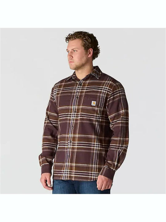 Long-sleeved Flannel Shirt in Wide Line Checked Dark Sepia