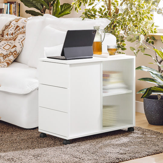 Rectangular Side Table Glass with Wheels White L75xW35xH61cm.