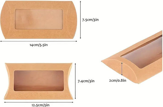 Kraft Pillow Window Paper Box for Gift Brown 12.5x2x7.4cm. 5pcs